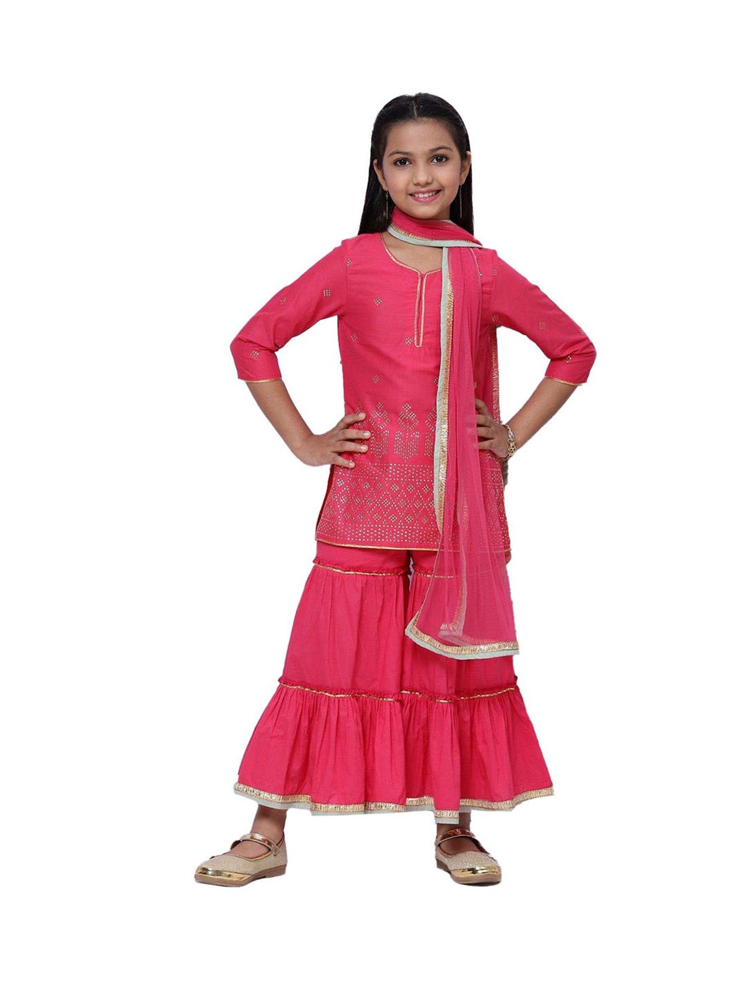 BIBA Girls Pink Printed Kurta, Sharara with Dupatta
