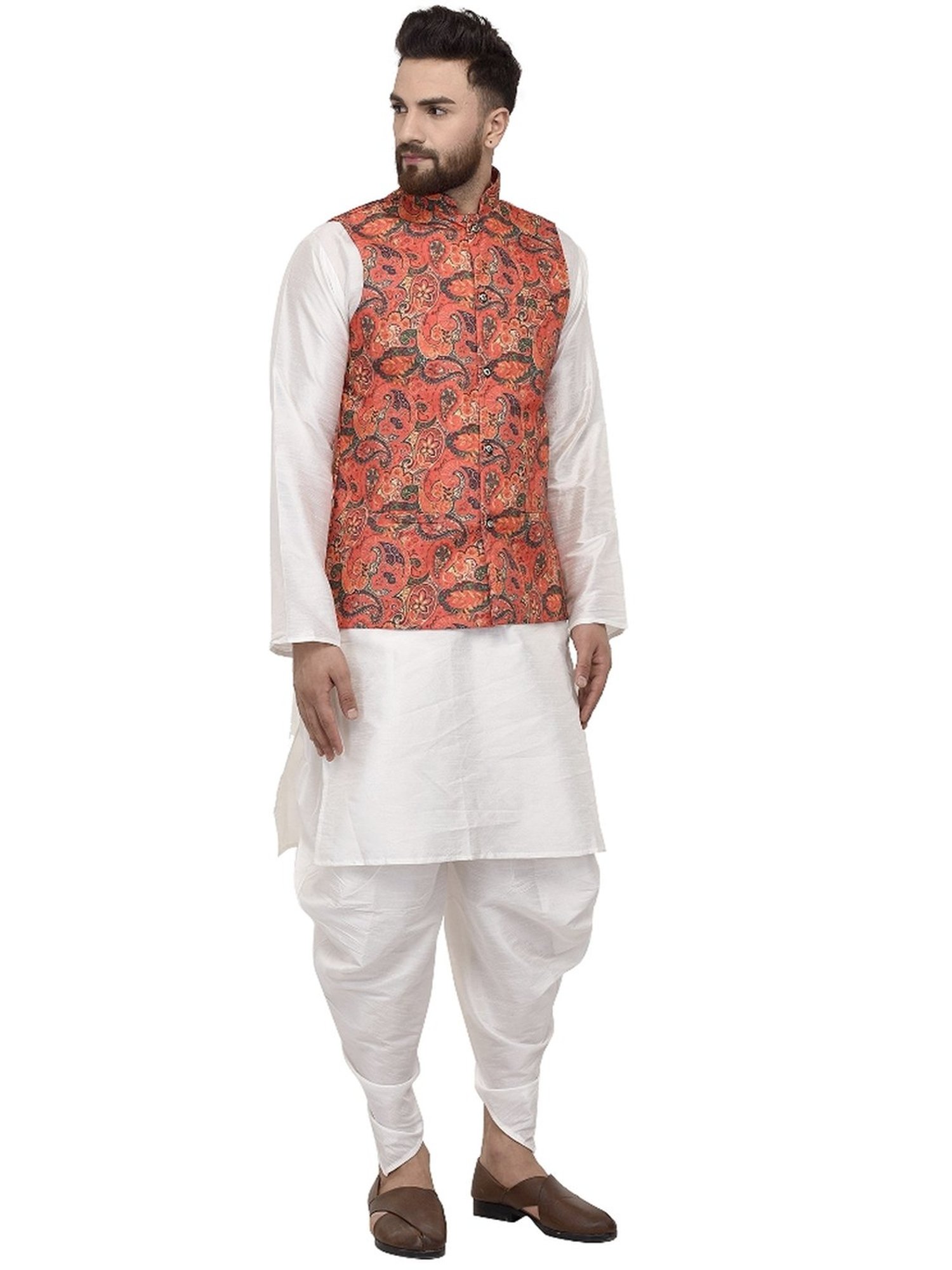 Benstoke White & Orange Regular Fit Paisley Kurta Set With Jacket