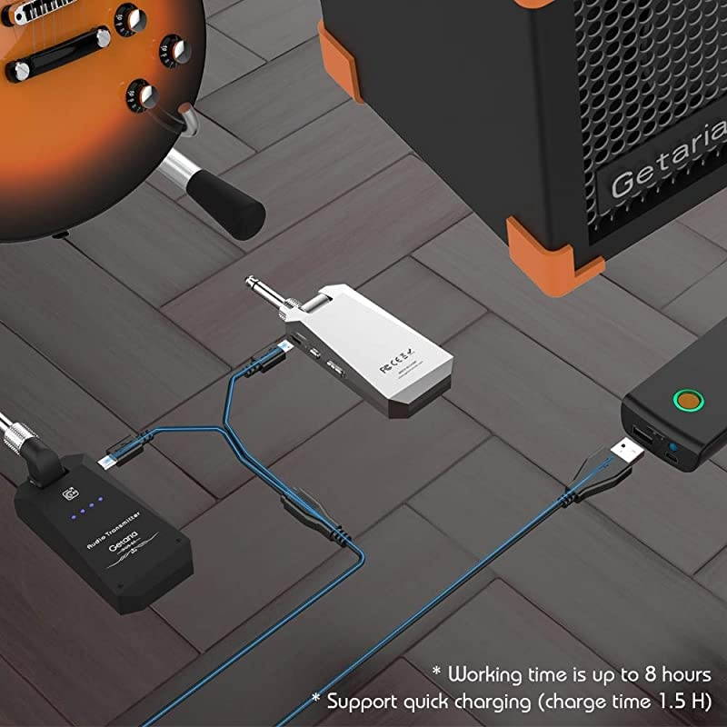 Wireless Guitar Transmitter Receiver Set 5.8GH Wireless Guitar System 4 Channels for Electric Guitar Bass (Silver/Black)