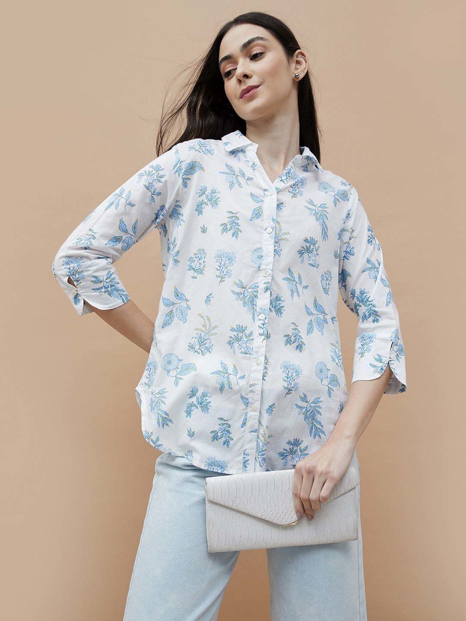 Colour Me by Melange White Cotton Printed Shirt