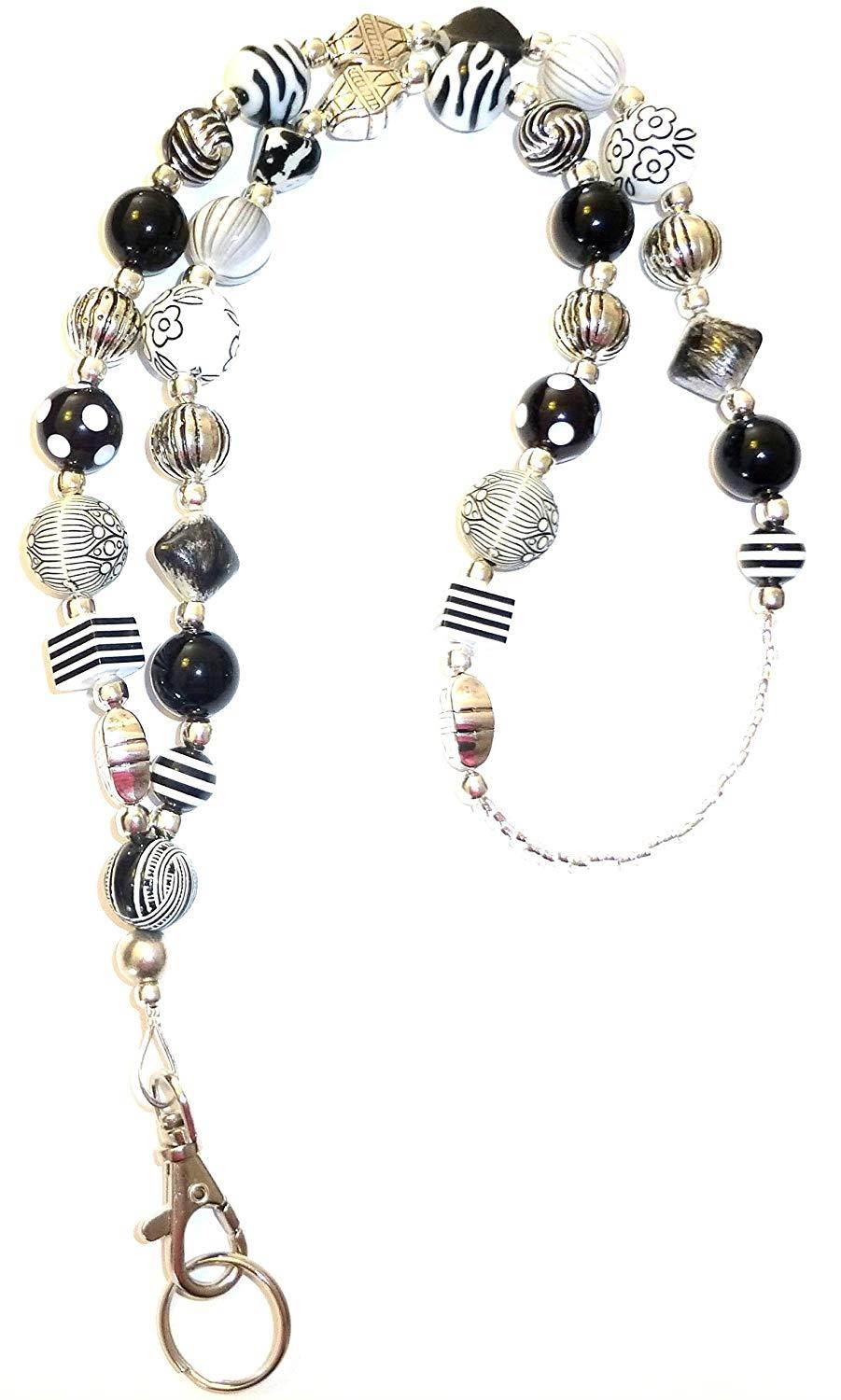 Hidden Hollow Beads Women's Fashion Lanyard and Badge holder 34" Lanyard (Chunky Black and White Non Breakaway)