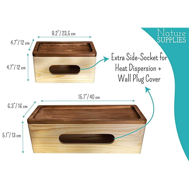 of Two Rustic Wooden Cable Management Box Cord Organizer Made of Real Wood Large Storage Holder for Desk TV Computer USB Hub System to Cover and Hide amp Power Strips amp Cords Natural Wood