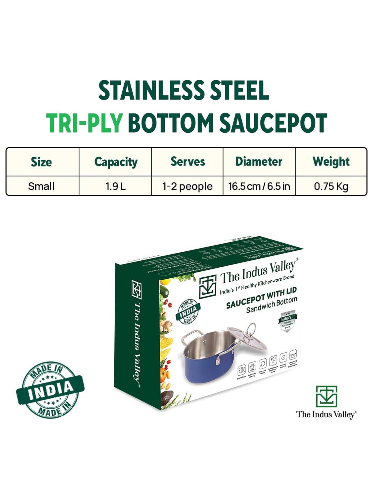 The Indus Valley Silver Stainless Steel Stock Pot with steel Lid (Dia:16.5cm, 1.9L)