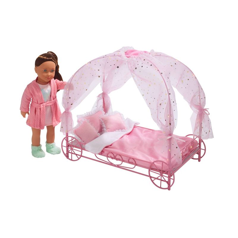 Badger Basket Royal Carriage Metal Doll Bed with Canopy Bedding and LED Lights - Pink/White/Stars