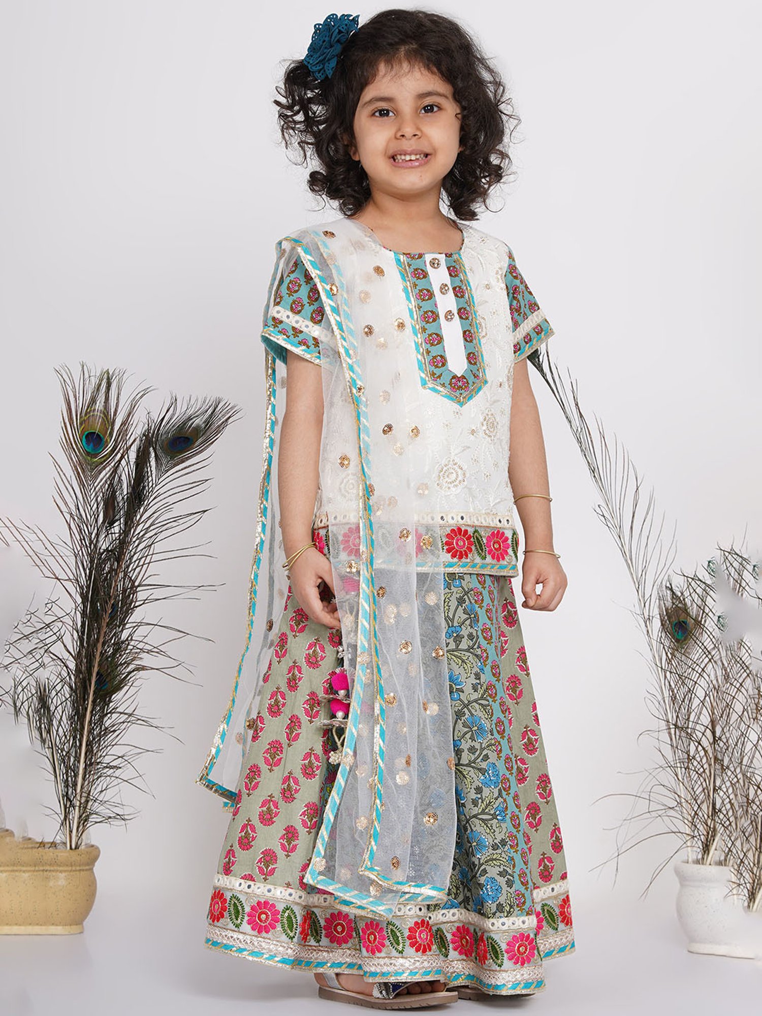 Little Bansi White Embellished 1 Kurta, 1 Lehenga & 1 Dupatta