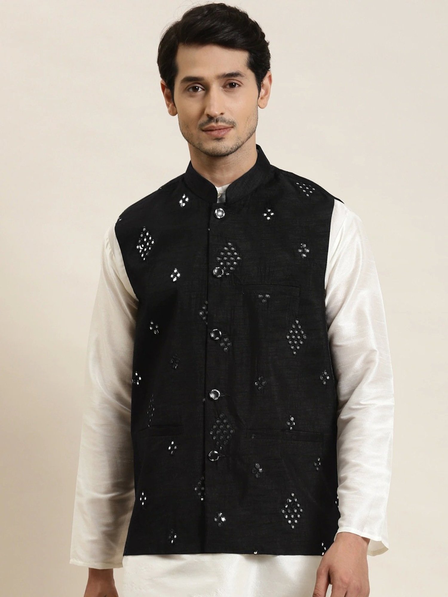 Sojanya Black Regular Fit Self Pattern Nehru Jacket