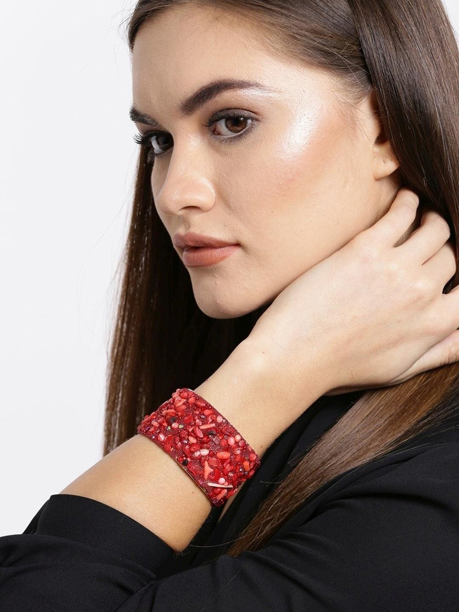 YouBella Valentine Gifts Jewelry Crystal Beads Studded Red Cuff Bracelet