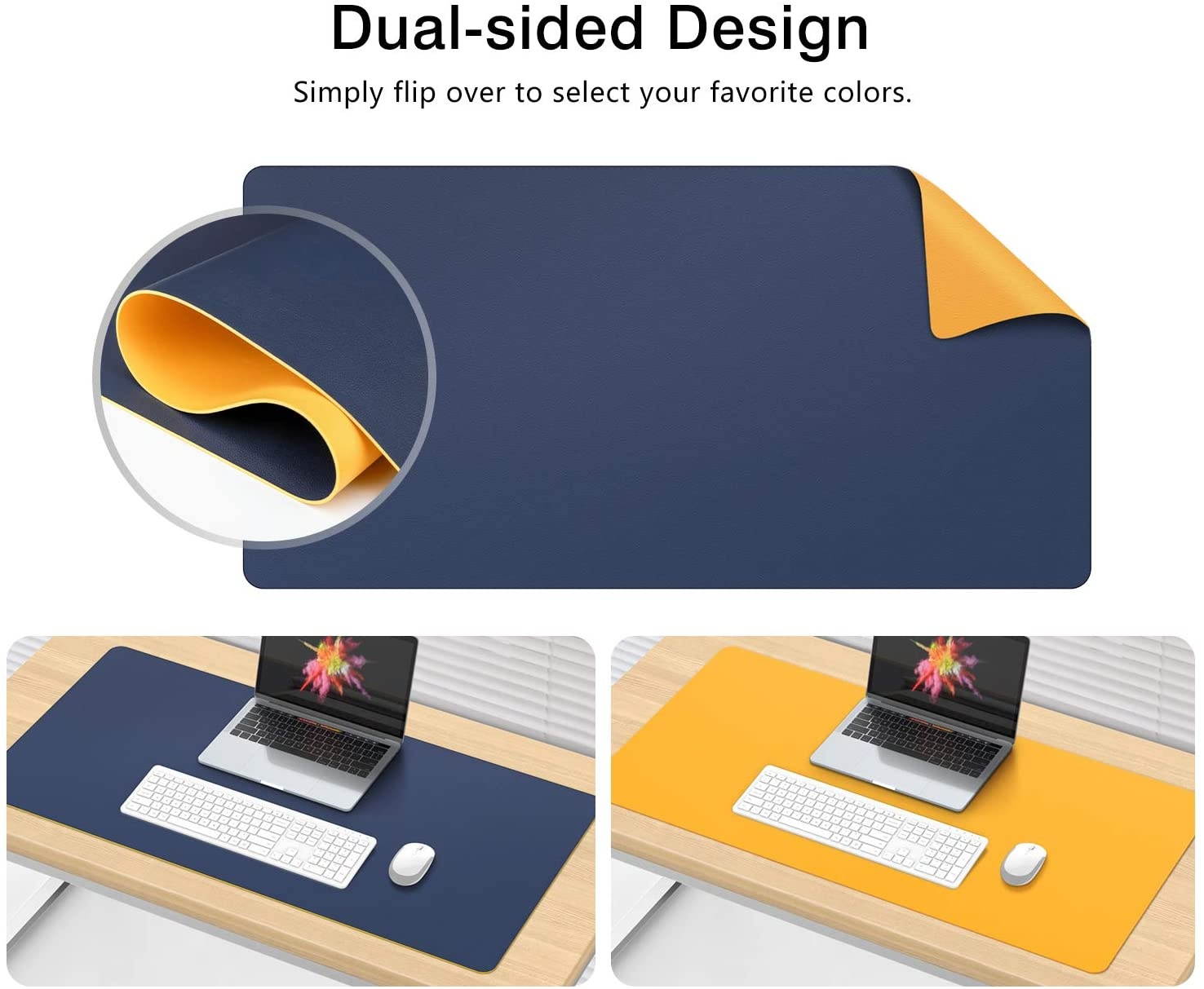 MoKo Computer Desk Mat - PU Large Extended Gaming Mouse Pad, Non-Slip Keyboard Mouse Mat, Waterproof Office Writing Desk Pad Protector, 31.5 x 15.7 x 0.08 Inch - Double Side Royal Blue/Yellow