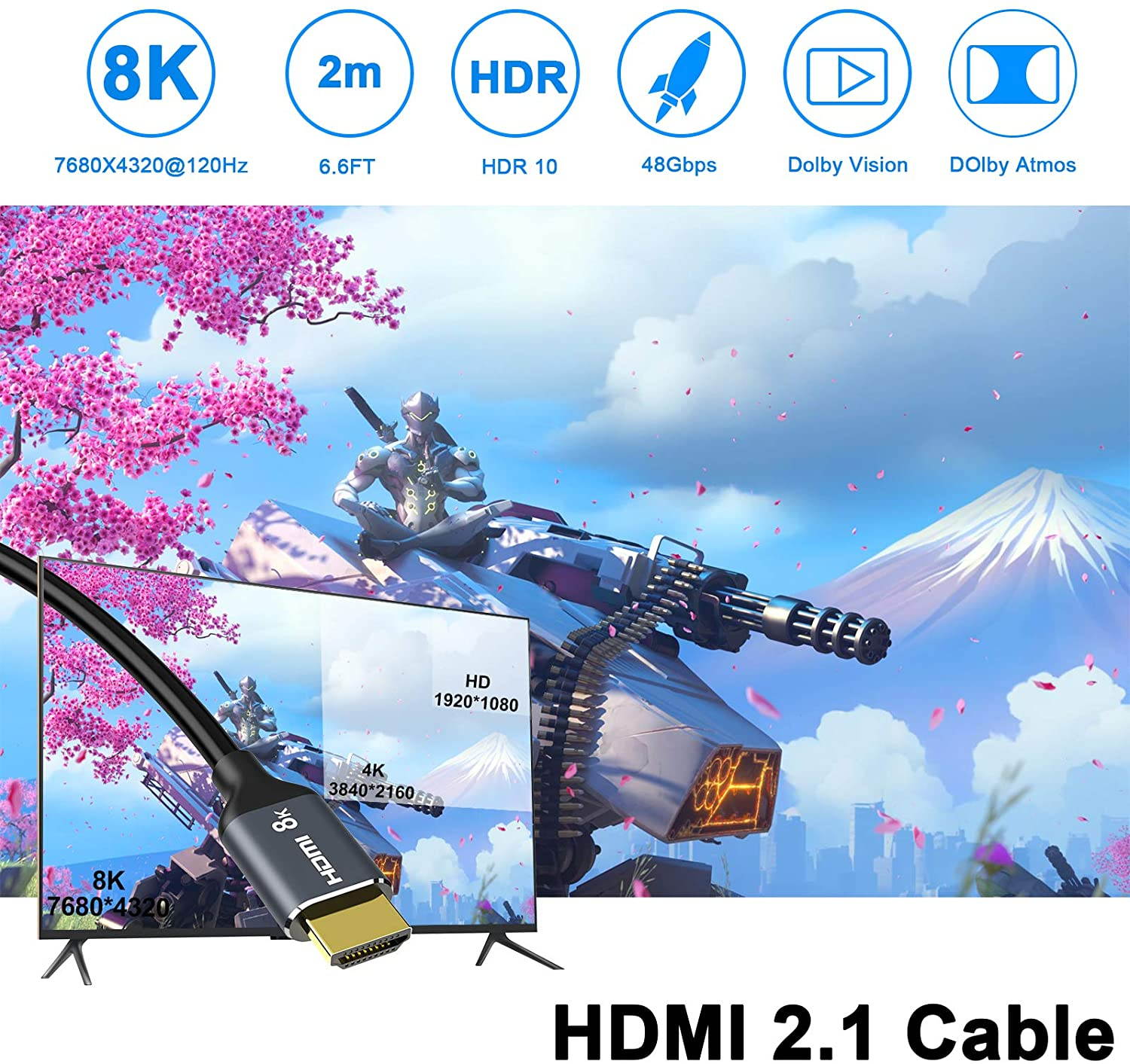 8K HDMI 2.1 Cable, 3.3FT/1M 48Gbps High Speed HDMI Cord, 8K@60Hz Ultra HD, 4K@120Hz, 144Hz eARC HDR10 4:4:4 HDCP 2.2&2.3, Compatible Laptop/Projector/Monitor/Fire TV Playstation 5/PS4
