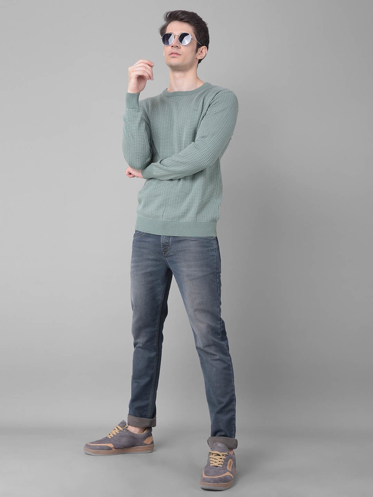 Crimsoune Club Green Cotton Regular Fit Self Pattern Sweater