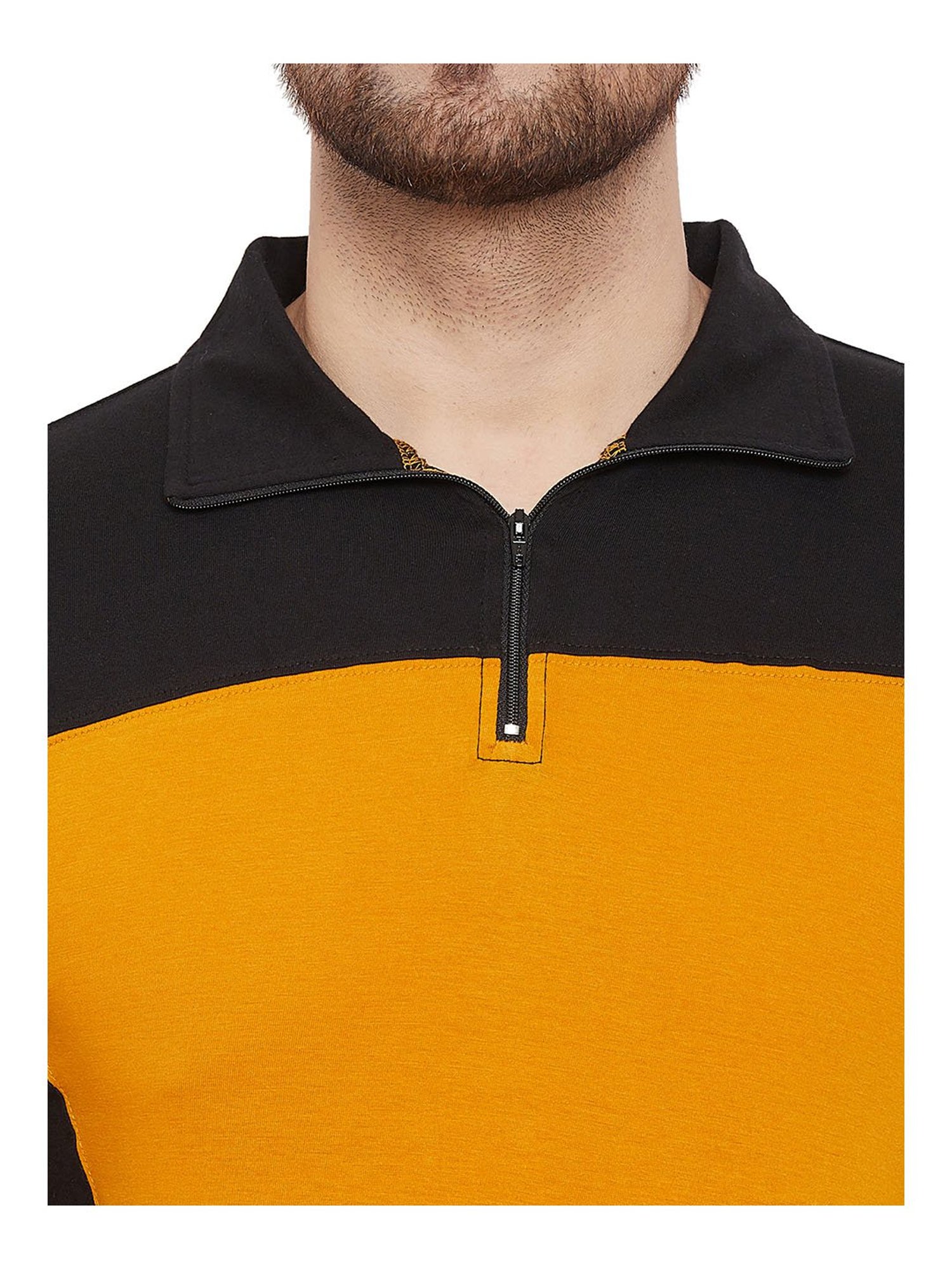 Hypernation Yellow & Black Cotton Regular Fit Color Block Polo T-Shirt