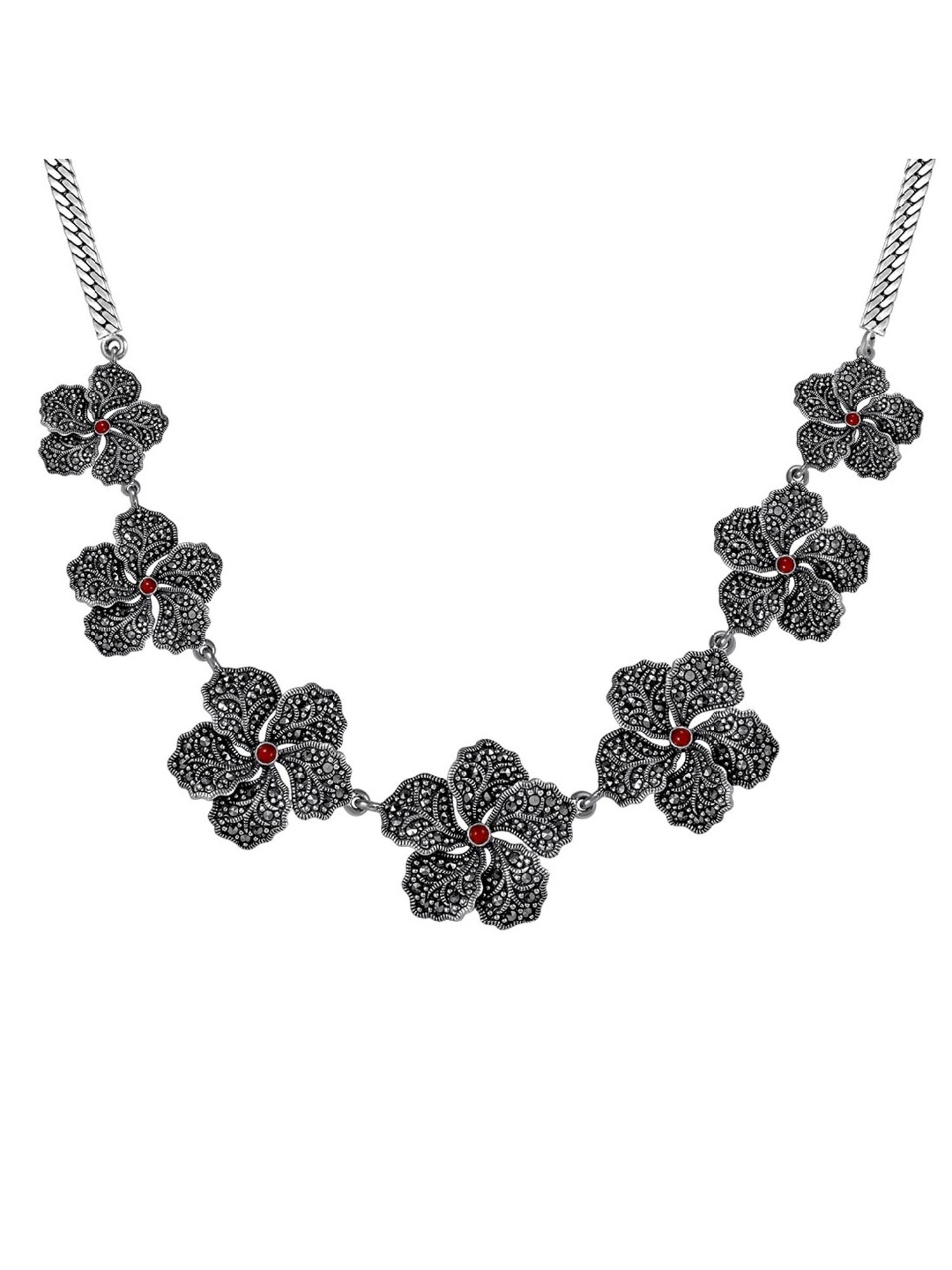 Rihi by P.C. Chandra Jewellers Oxidized Flower Necklace And Earring Set With Maroon Stone