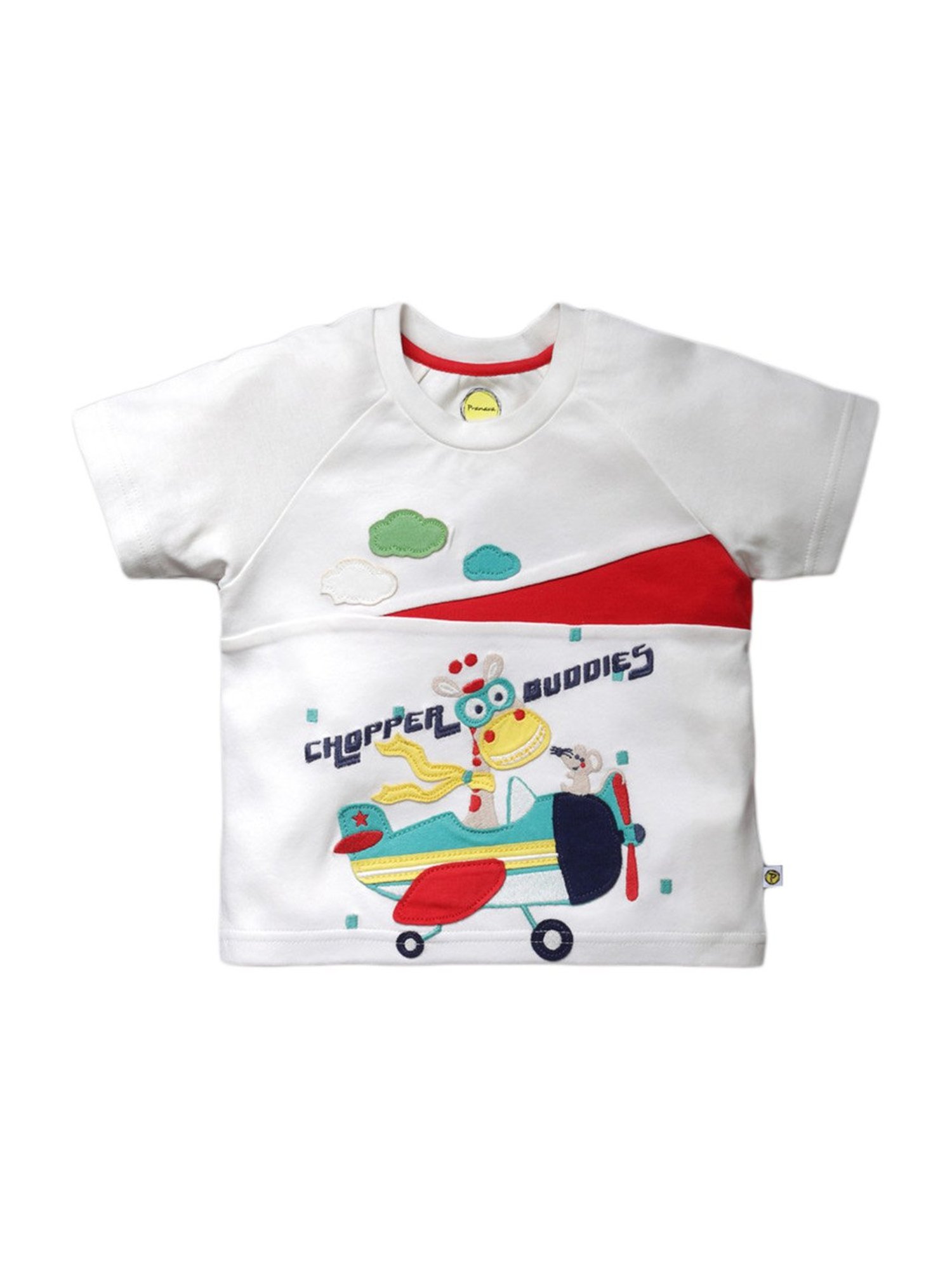 Pranava Boys White Cotton Patch Work T-Shirt