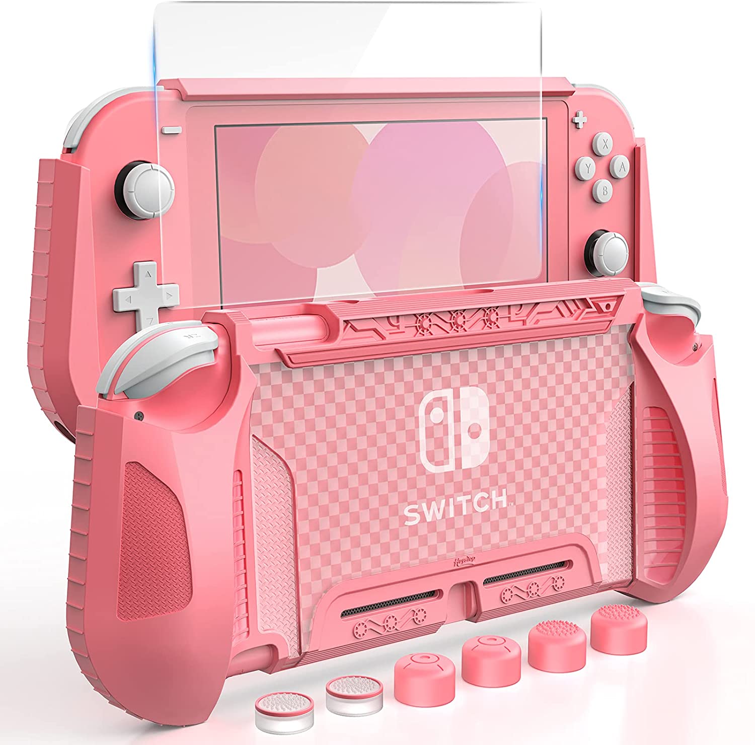 HEYSTOP Case Compatible with Nintendo Switch Lite, with Tempered Glass Screen Protector and 6 Thumb Grip, TPU Protective Cover for Switch Lite with Anti-Scratch/Anti-Dust (Pink)