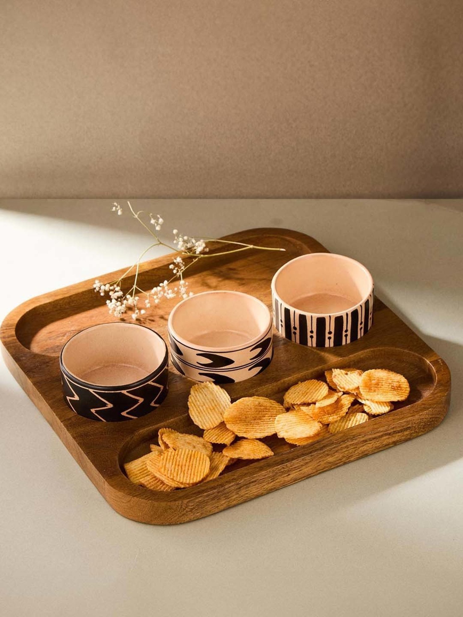 Fabindia Thar Natural Wood 1 Platter & 1 Dip Bowl