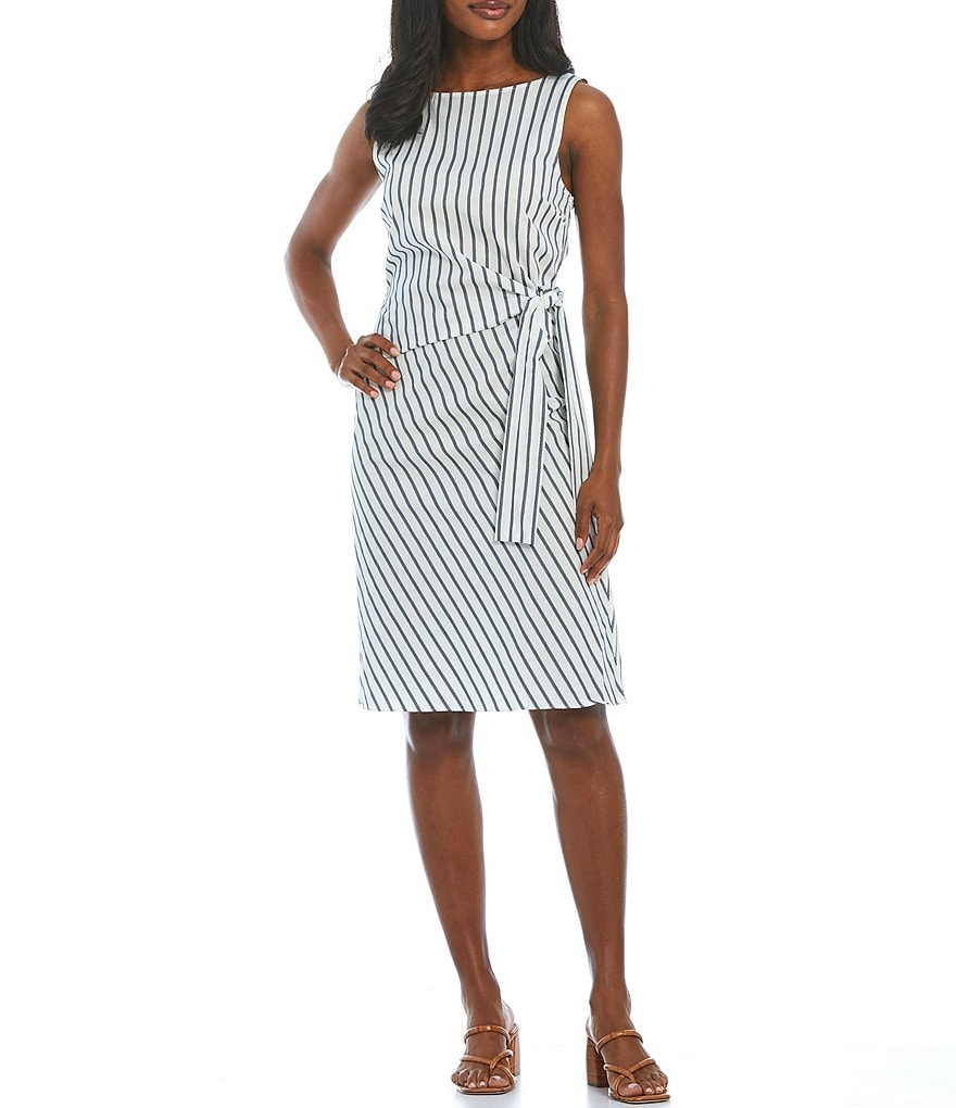 Donna Karan New York Sleeveless Wrap Side Tie Cotton Stripe Dress