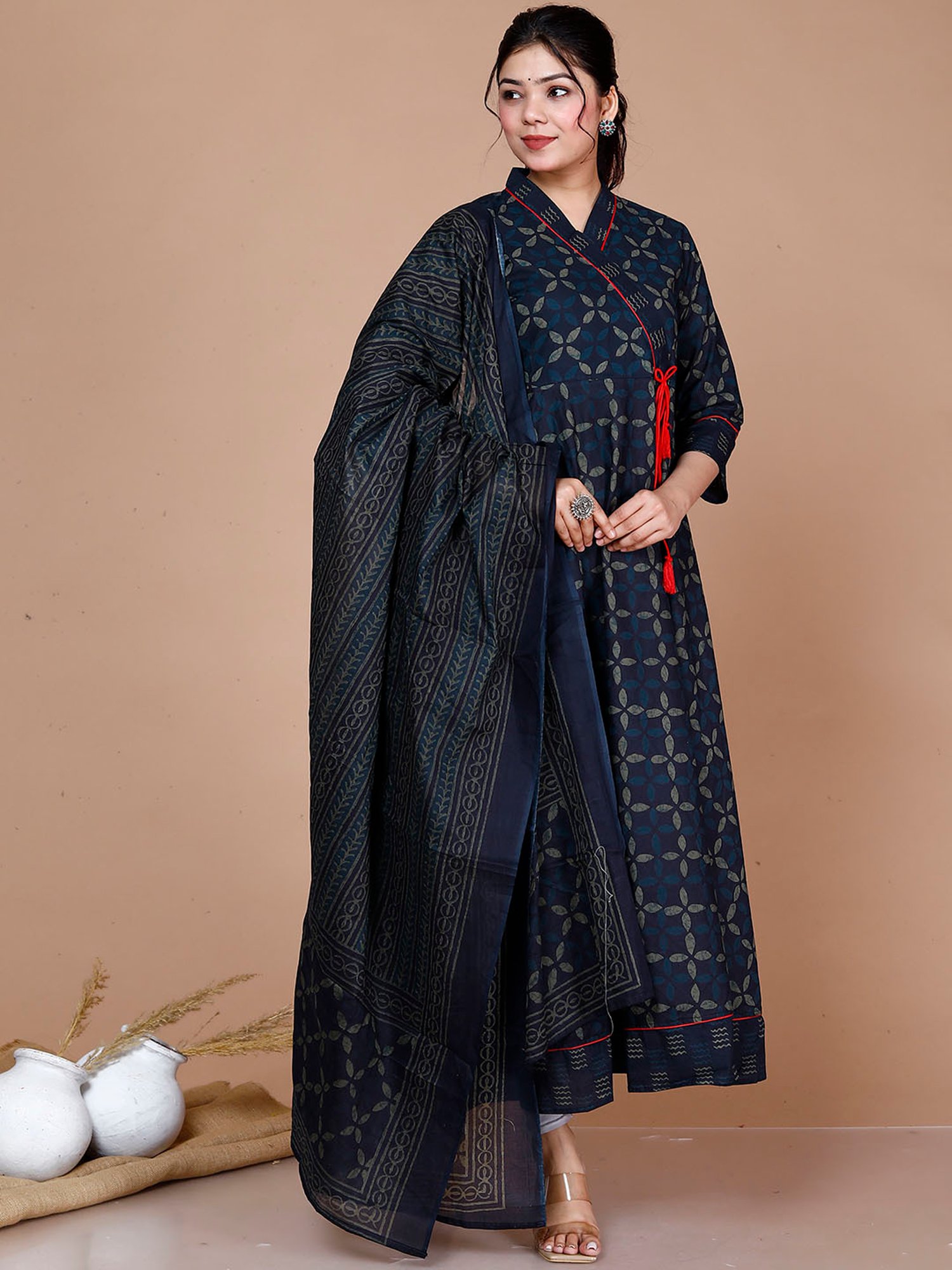 Miravan Blue Printed Fit & Flare Kurta With Dupatta