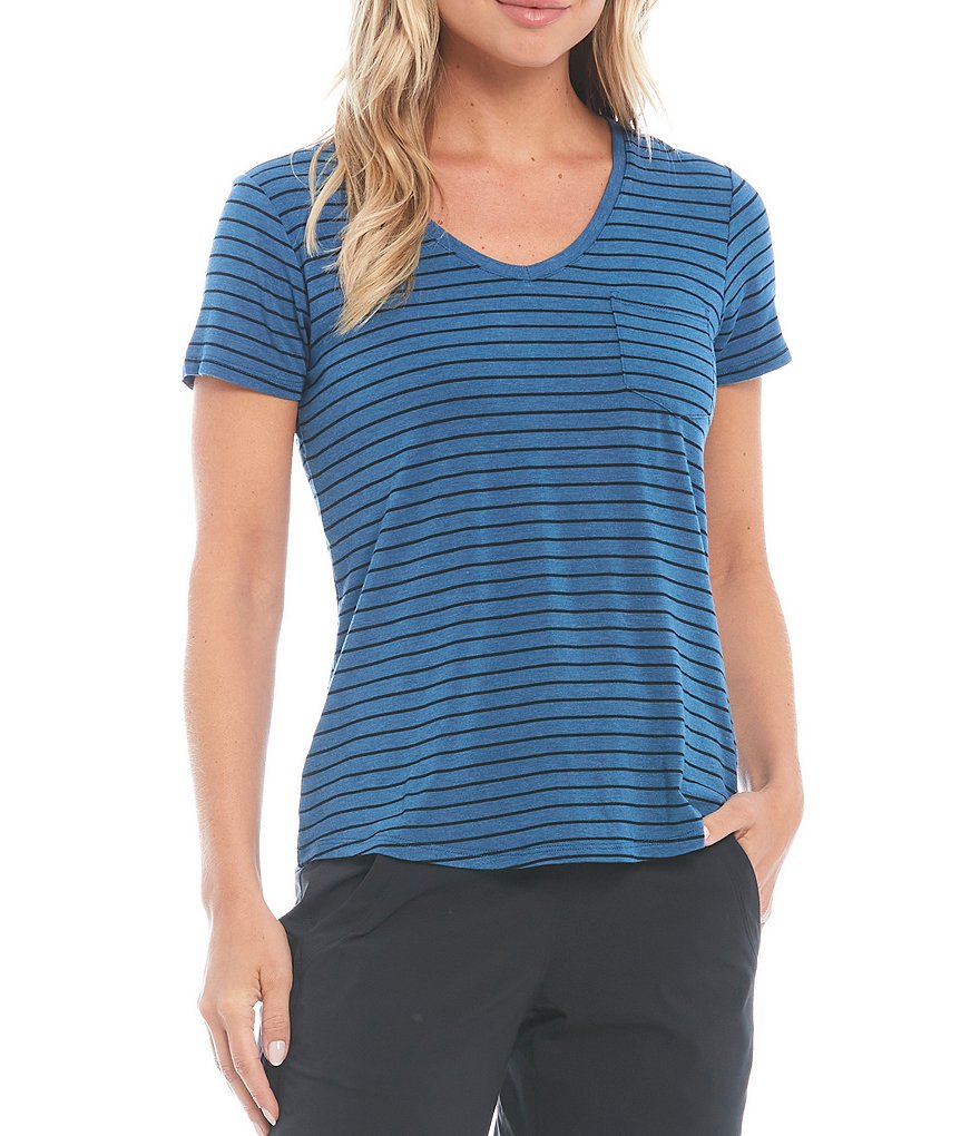 prAna Foundation Lightweight Stretch Jersey Short Sleeve Striped V-Neck Pocket Tee
