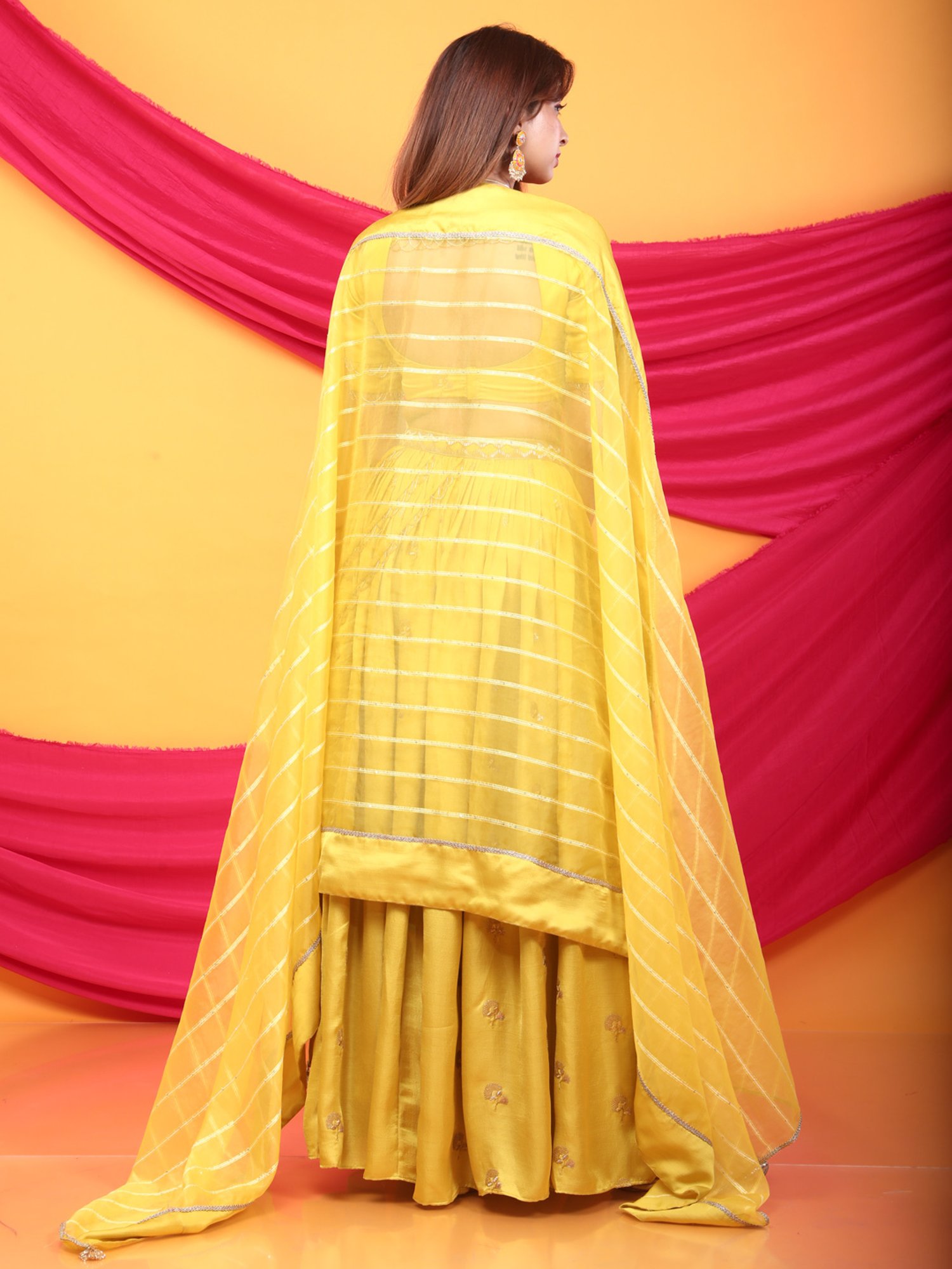 Monk & Mei Gulkari Lehenga Blouse Set-Canary Yellow