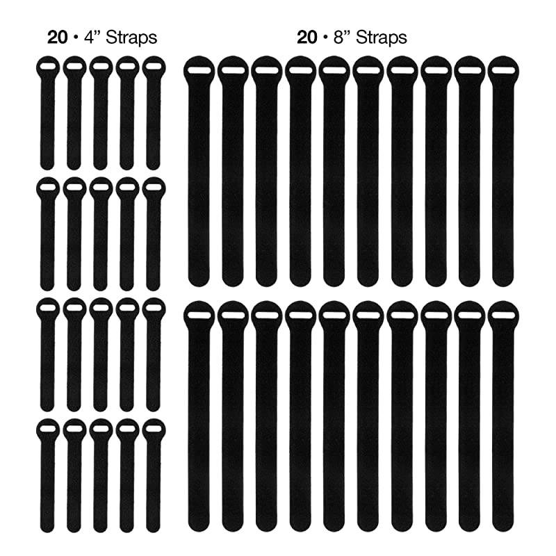 SelfGripping Storage Straps Black 40 Pack 20 4 Straps 20 8 Straps Reusable Hook and Loop Cord Organizer Cable Ties for Cord Management and Organization
