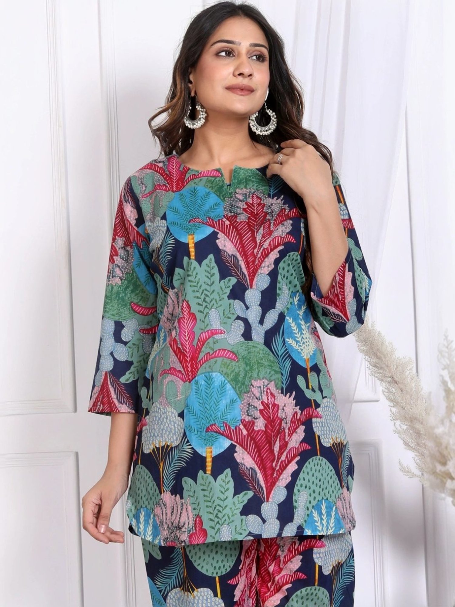 Kaftanize Multicolored Tropical Collage Printed Cotton Tunic with Pant