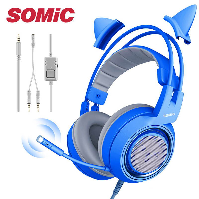 SOMIC Pink Stereo Gaming Headset with Mic for PS4, Xbox One, PC, Mobile Phone, 3.5MM Sound Detachable Cat Ear Headphones Lightweight Self-Adjusting Over Ear Headphones for Women