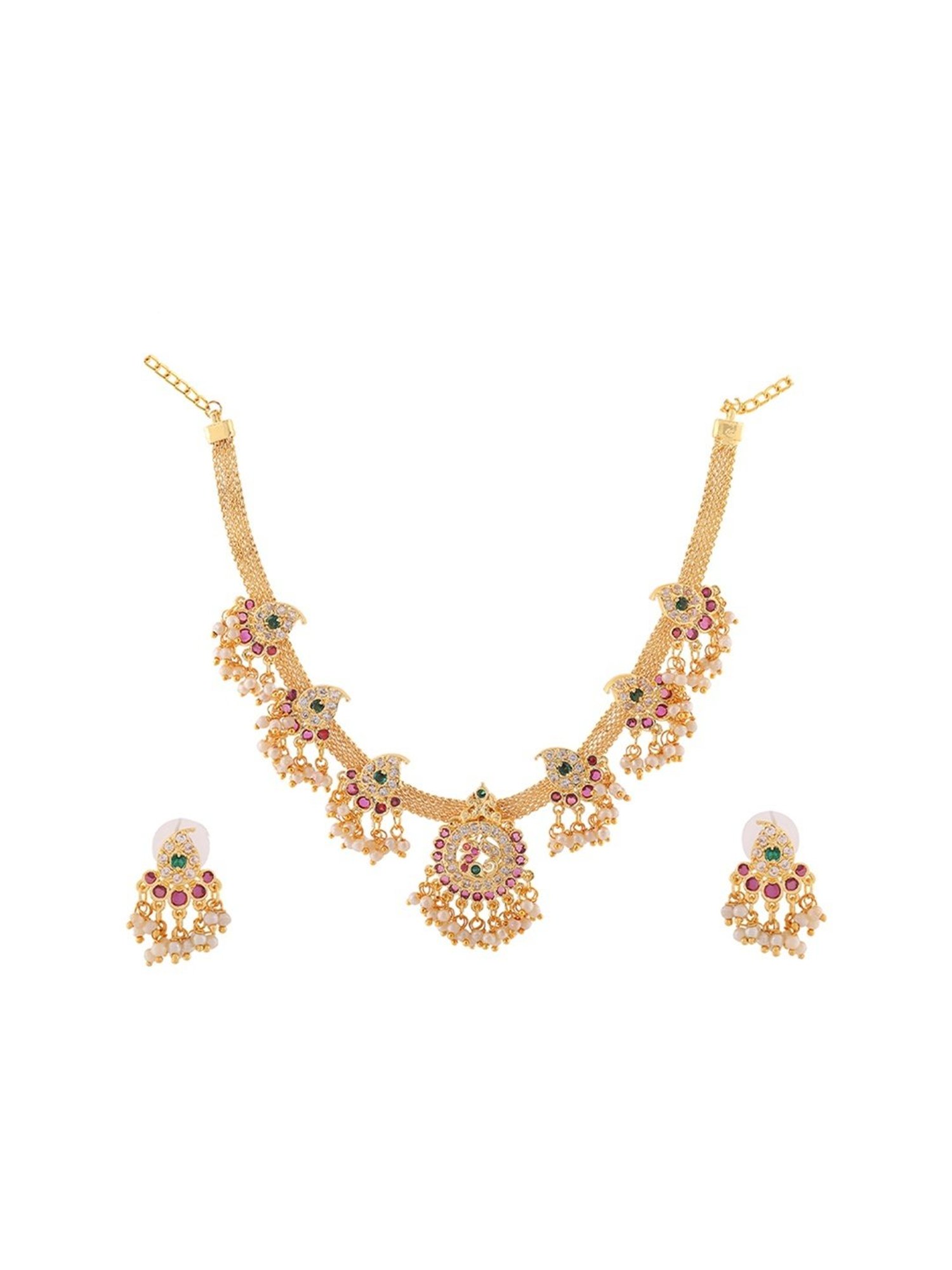 Estele Gold-Plated CZ Glorious Designer Necklace Set with Pearls for Women