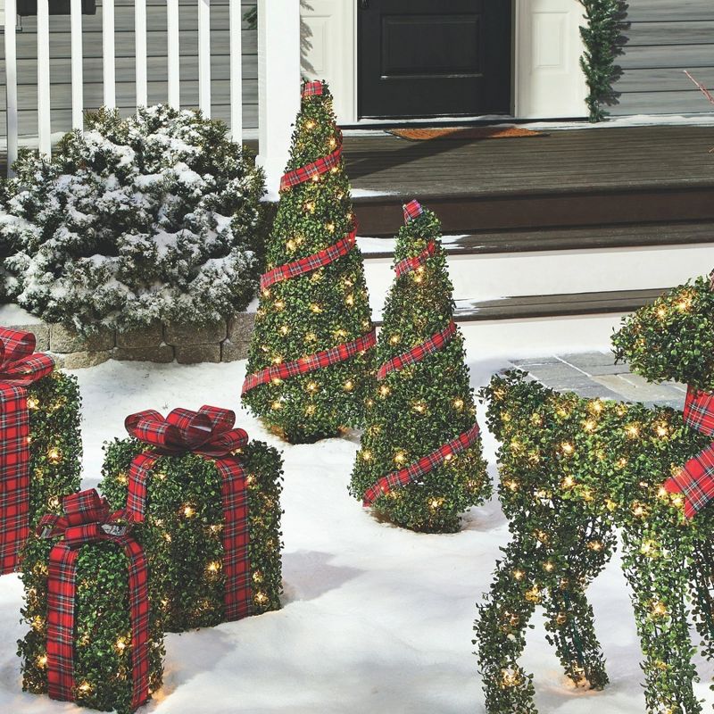 NOMA Pre Lit Incandescent Light Up Winter Green Garden Cone Trees Outdoor Decorations with Red Ribbon Details and Yard Stakes, Set of 2