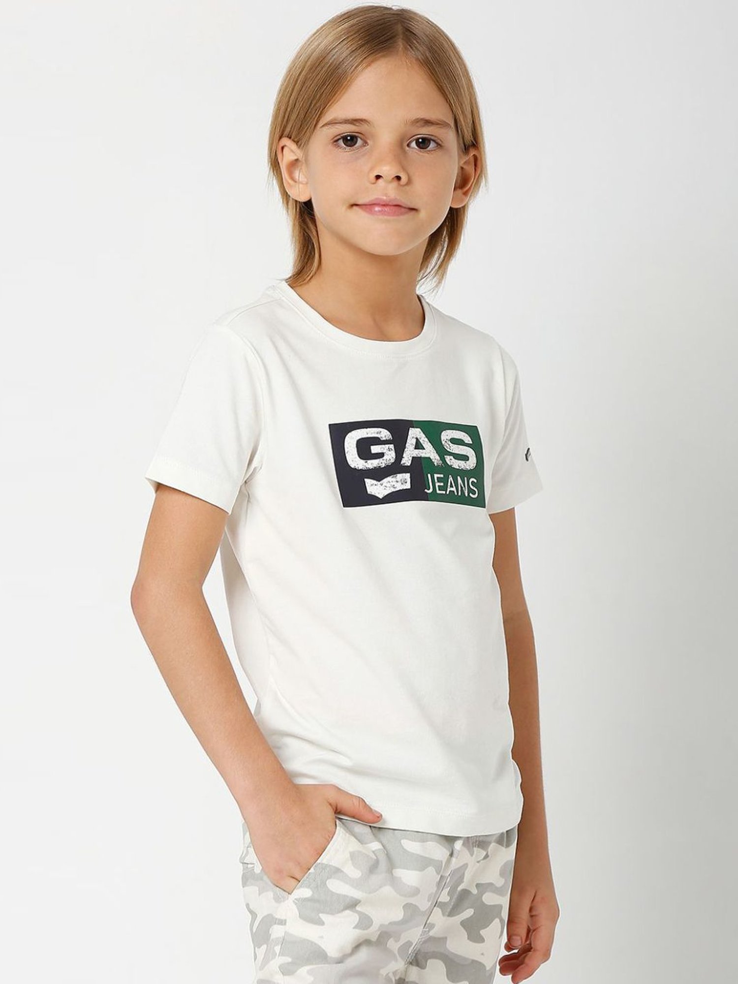 Gas Kids White Printed T-Shirt