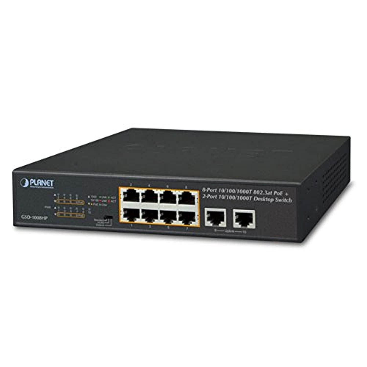 planet technology gsd-1008hp 8-port 10/100/1000t 802.3at poe + 2-port 10/100/1000t desktop switch (120 watts)