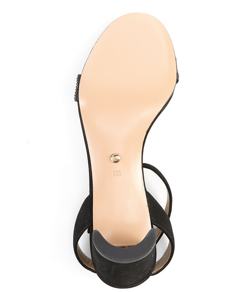 Pelle Moda Moira Metallic Suede Crystal Embellished Ankle Strap Dress Sandals