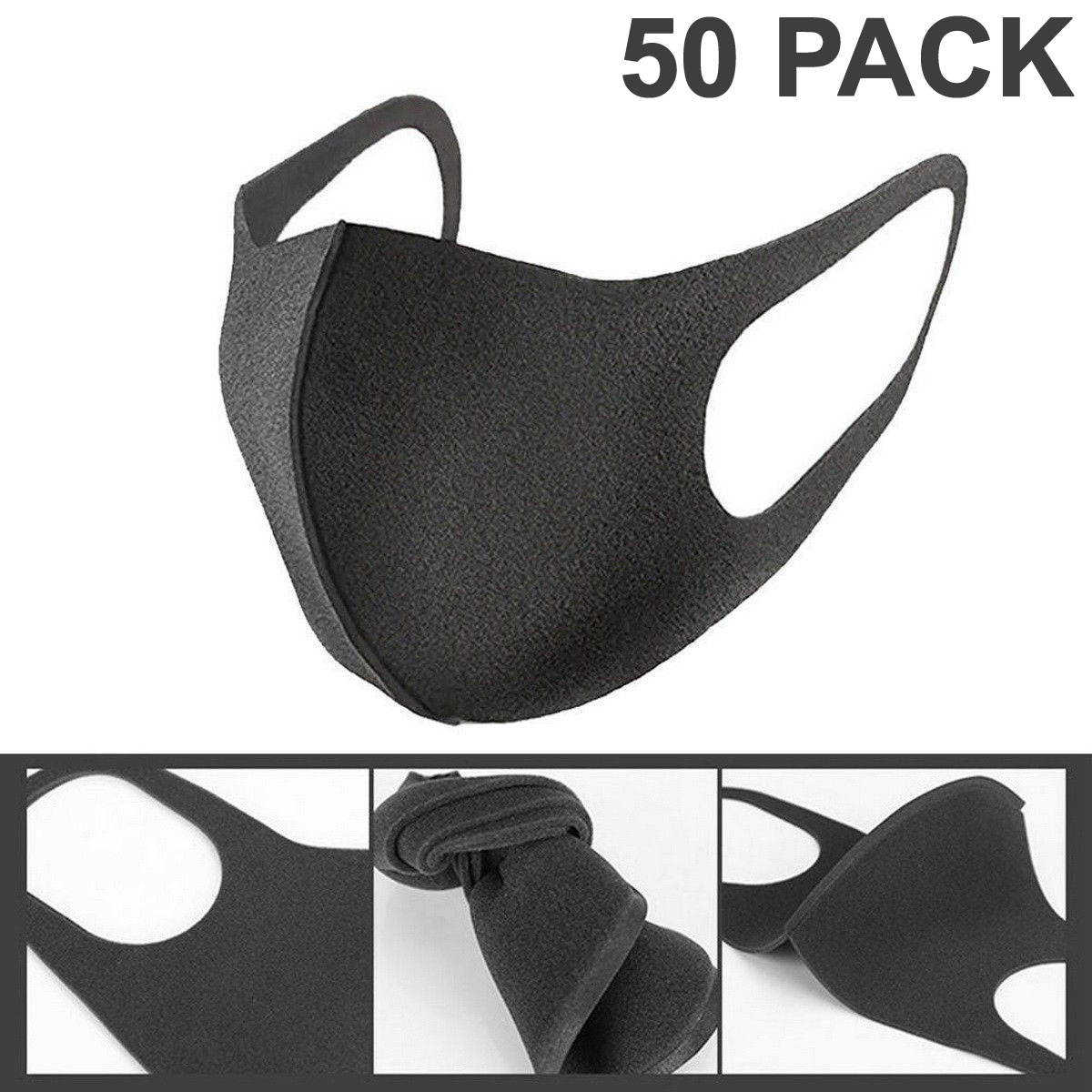 50 PCS Face Mask Black Washable Reusable Breathable Unisex Masks Cotton