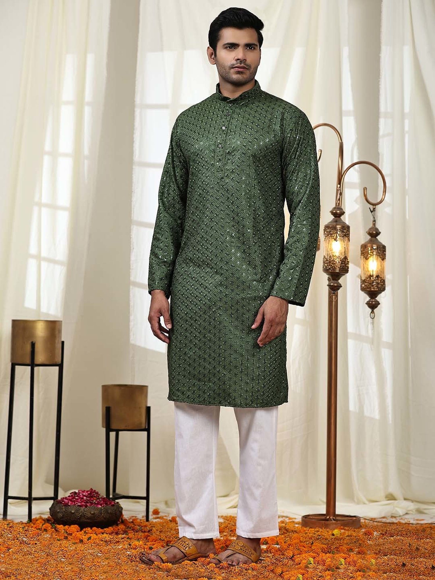 Pro-Ethic Style Developer Green & White Regular Fit Embroidered Kurta & Pyjamas Set