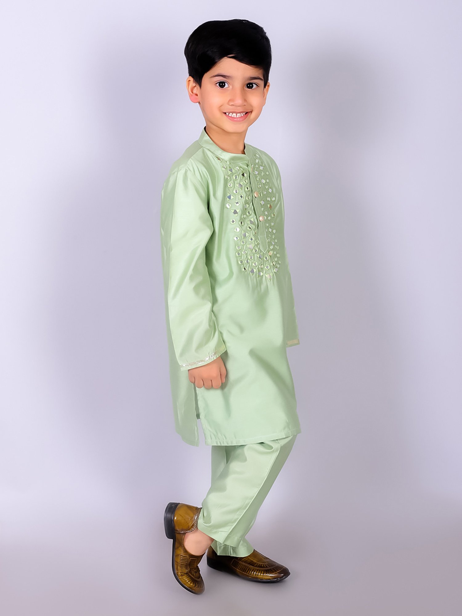 Lil Drama Kids Green Embellished Full Sleeves Kurta with Pants