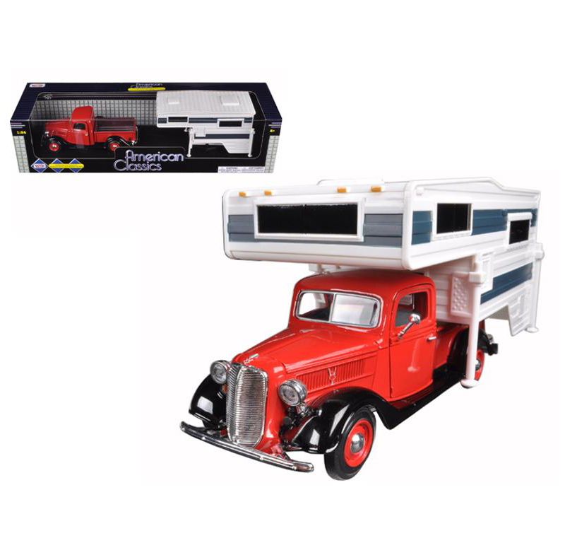 1937 Ford Pickup Truck Red with Camper Shell 1/24 Diecast Model Car by Motormax