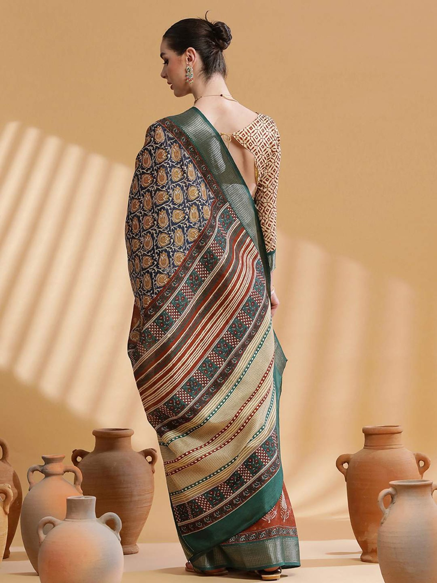 Saree Mall Navy Printed Saree With Unstitched Blouse