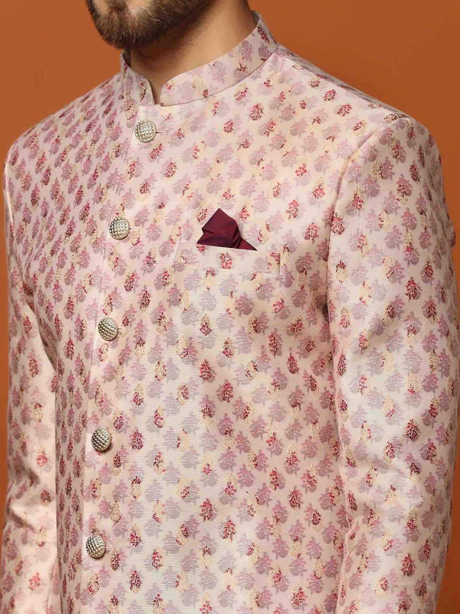 Hangup Plus Beige & Black Regular Fit Printed Sherwani Set