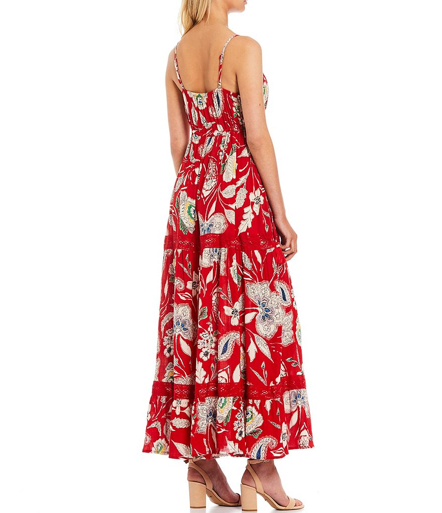 B.O.G. Collective Gisal Floral Print Lace Trim V-Neck Sleeveless Tiered Maxi dress