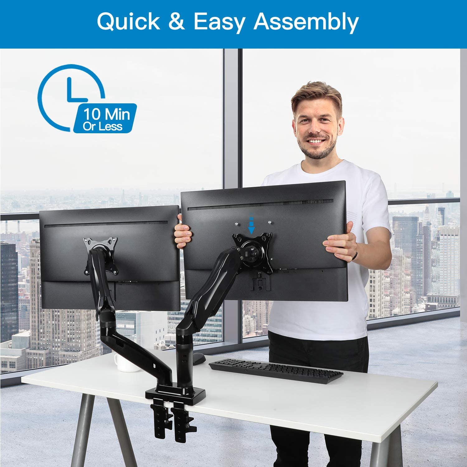 Dual Monitor Stand - Adjustable Spring Monitor Desk Mount Swivel Vesa Bracket with C Clamp, Grommet Mounting Base for 17 to 27 Inch Computer Screens - Each Arm Holds 4.4 to 14.3lbs