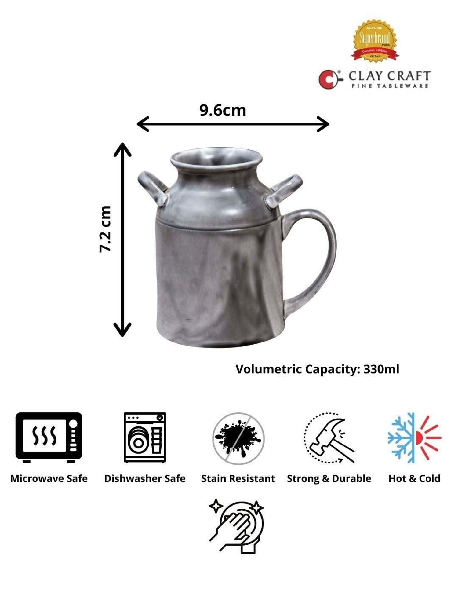 Clay Craft Grey Ceramic 8 cm Milk Mug (0.35 L) - Set of 2