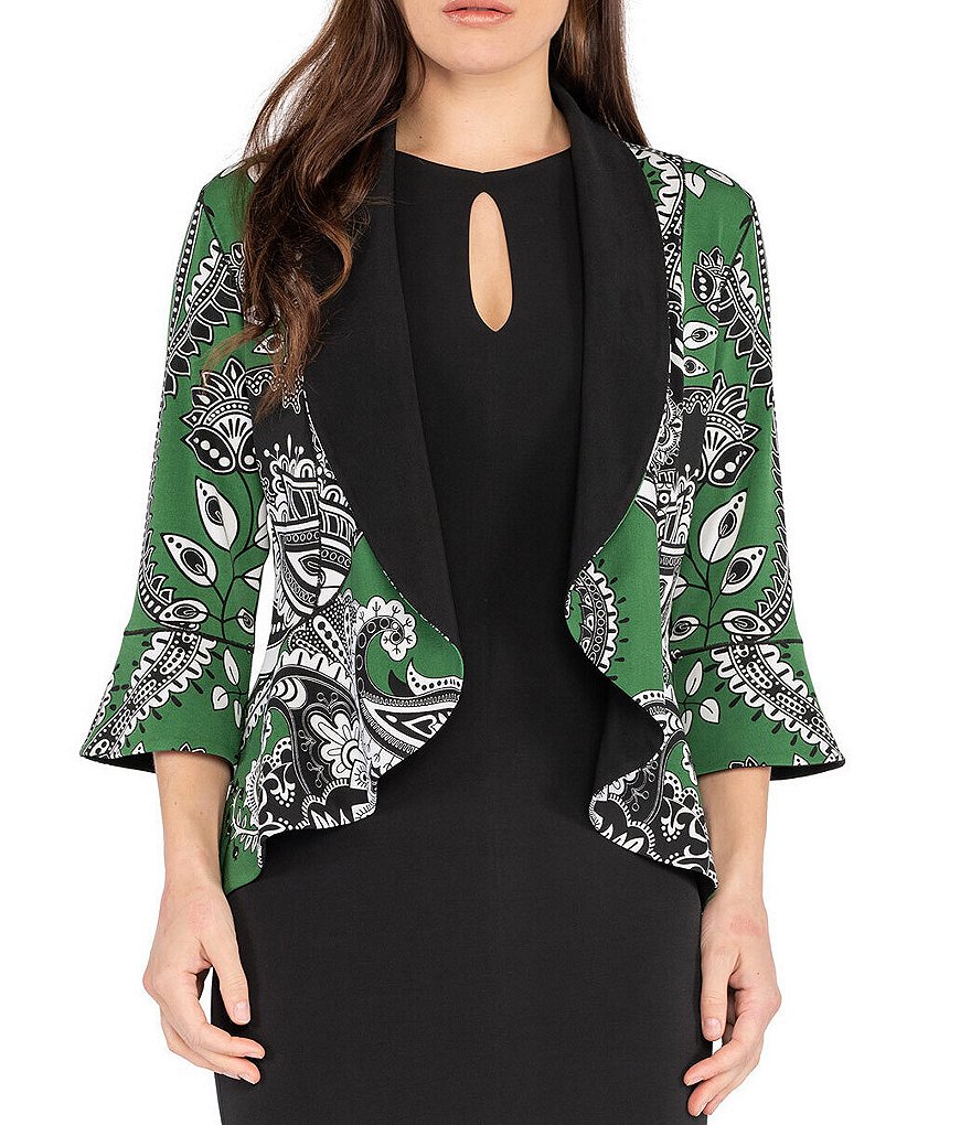 Eva Varro Bandana Paisley Print 3/4 Sleeve Shawl Collar Neck Knit Reversible Peplum Jacket