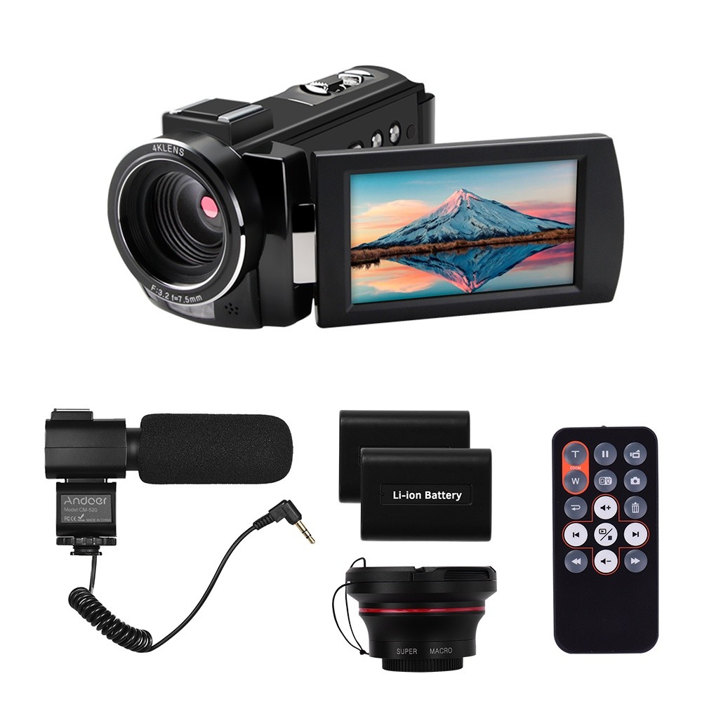 Andoer HDR-AE8 4K WiFi Digital Video Camera Camcorder DV Recorder 30MP 16X Digital Zoom IR Night Vision 3 Inch IPS LCD Touchscreen with 2pcs Rechargeable Batteries + Extra 0.39X   Wide   Angle Lens +
