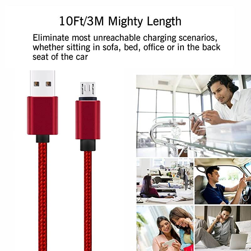 Micro USB Cable 10ft 3Pack by  High Speed 2.0 USB A Male to Micro USB Sync Charging Nylon Braided Cable for Android Phone Charger Cable Tablets Wall and Car Charger Connection Red