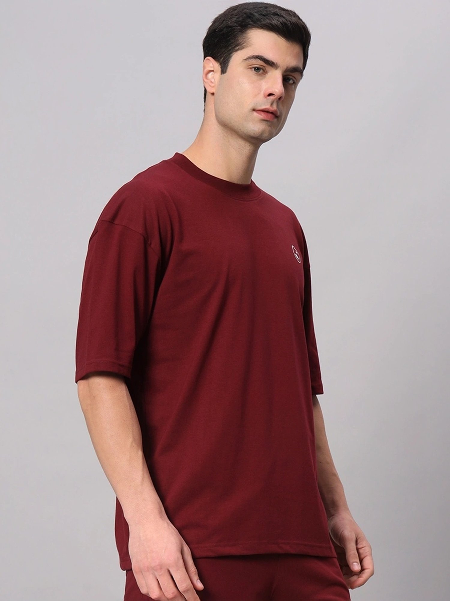 Griffel Maroon Cotton Loose Fit T-Shirt