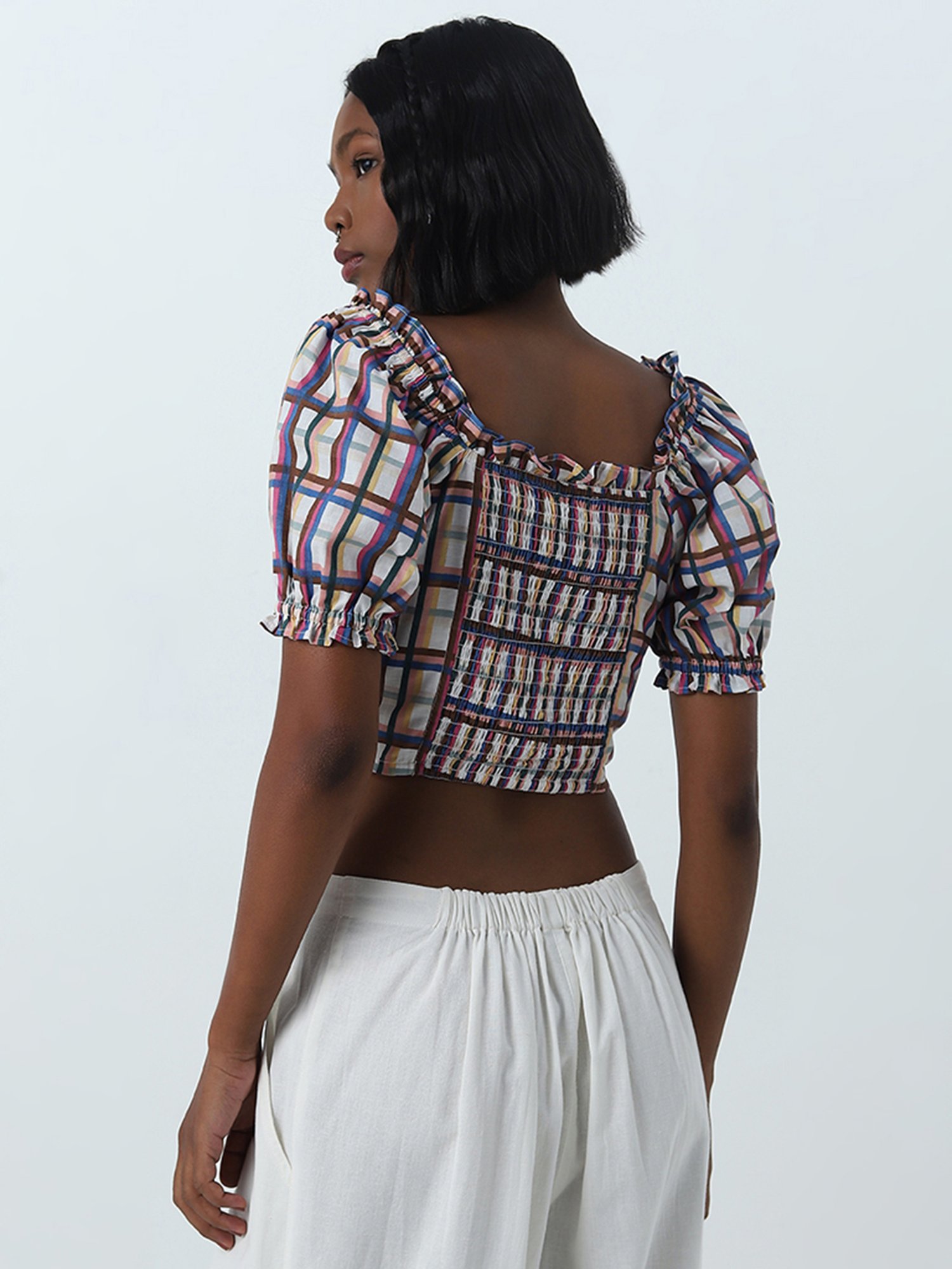 Bombay Paisley by Westside Multicolour Checks Printed Cotton Crop Top