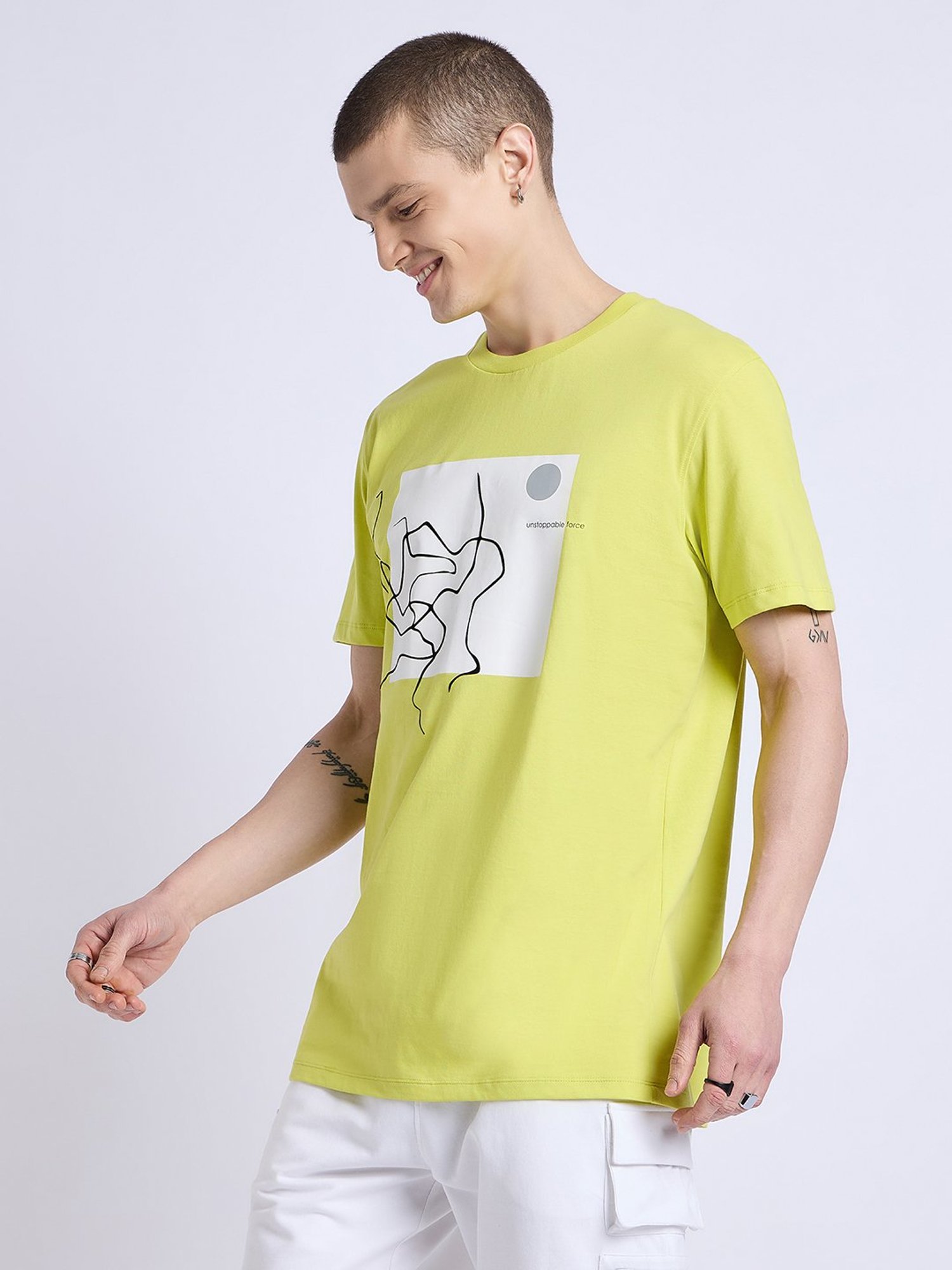EDRIO Lime Green Regular Fit Graphic Print Crew T-Shirt
