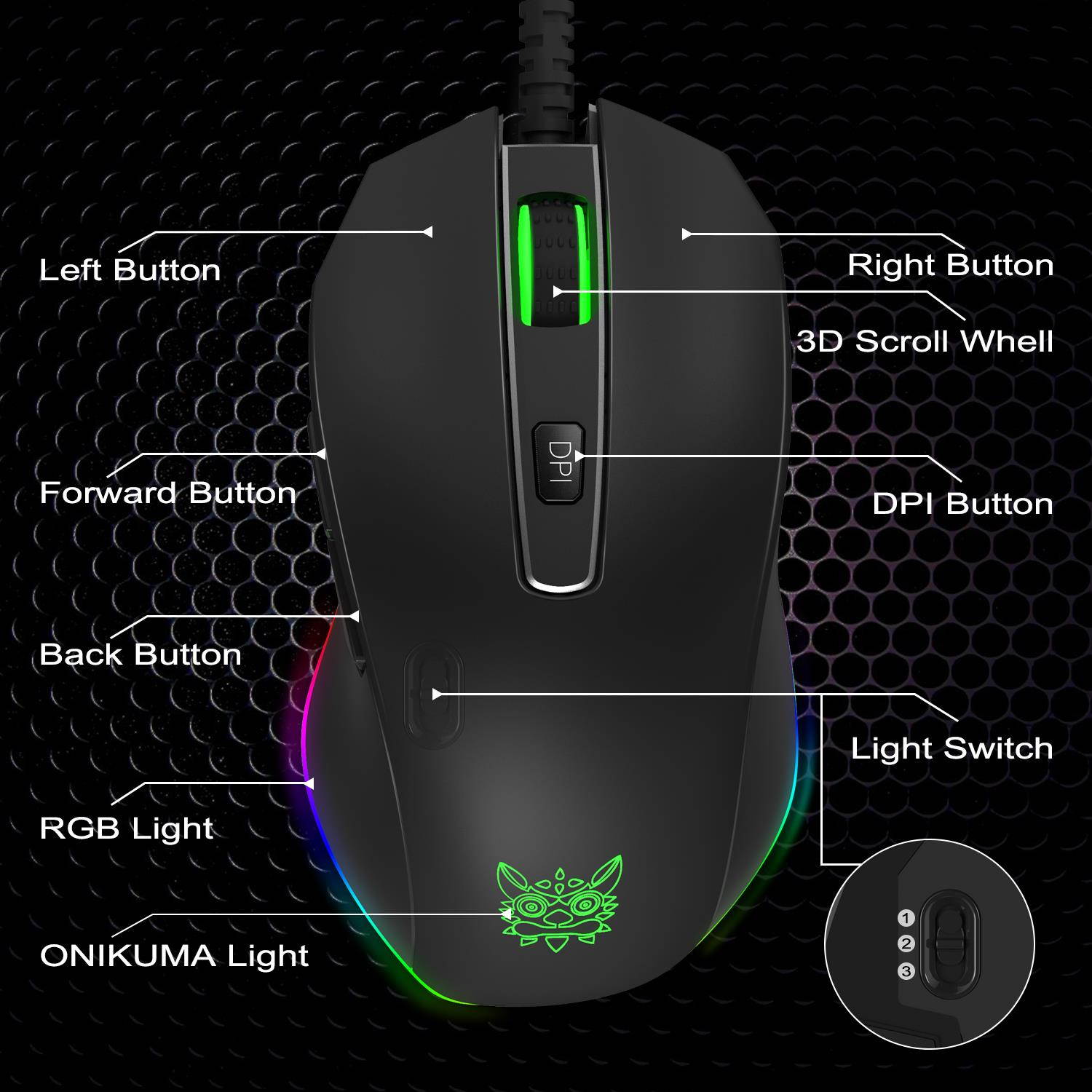 ONIKUMA CW60 BLACK Cable Game Mouse, 6 Buttons, 1000-8000 Adjustable DPI For Windown 7/8/10