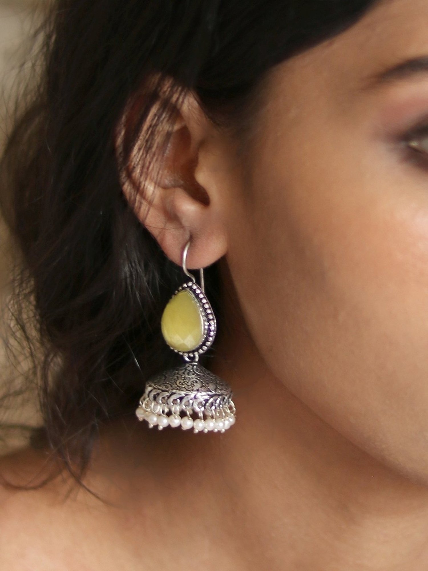 Teejh Ethnic Sahasra Yellow Stone Silver Oxidized Jhumki Earrings