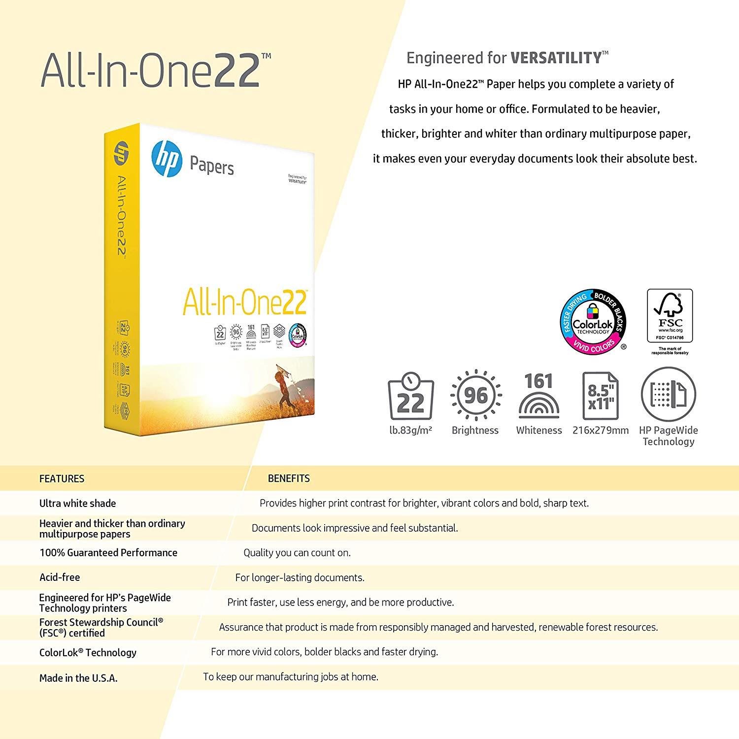 HP Printer Paper, All In One22, 8.5 x 11, Letter, 22lb, 96 Bright, 5,000 Sheets / 10 Ream Carton (207010C) Made In The USA