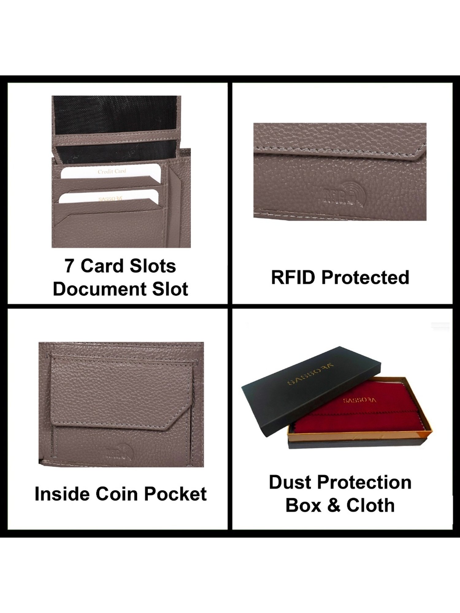 SASSORA ARLO Grey Leather Textured Bi-Fold Wallet